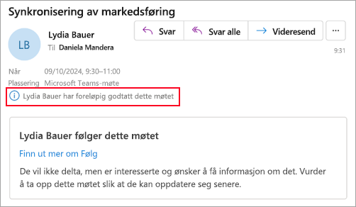 Skjermbilde for arrangører som ikke bruker nye Outlook, som viser at deltakeren foreløpig har godtatt møtet