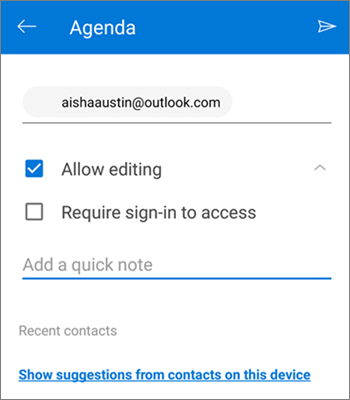 Skjermbilde av invitasjon av personer til å dele en fil fra OneDrive for Android