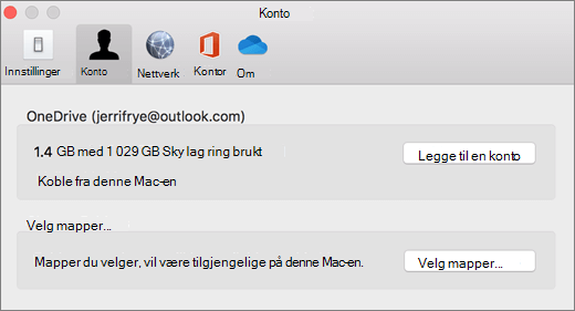 Skjermbilde av å legge til en konto i OneDrive-innstillinger på en Mac