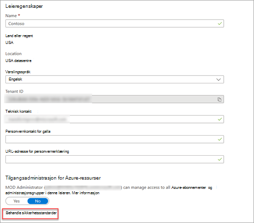 Egenskapsskjermen for Azure Active Directory-leier med koblingen Administrer sikkerhetsstandarder uthevet.