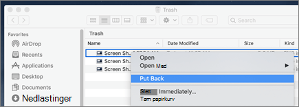 Høyreklikkmenyen for å hente en fil fra papirkurven på en Mac
