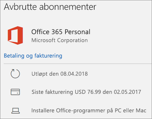 Viser et Office 365-abonnement som er utgått