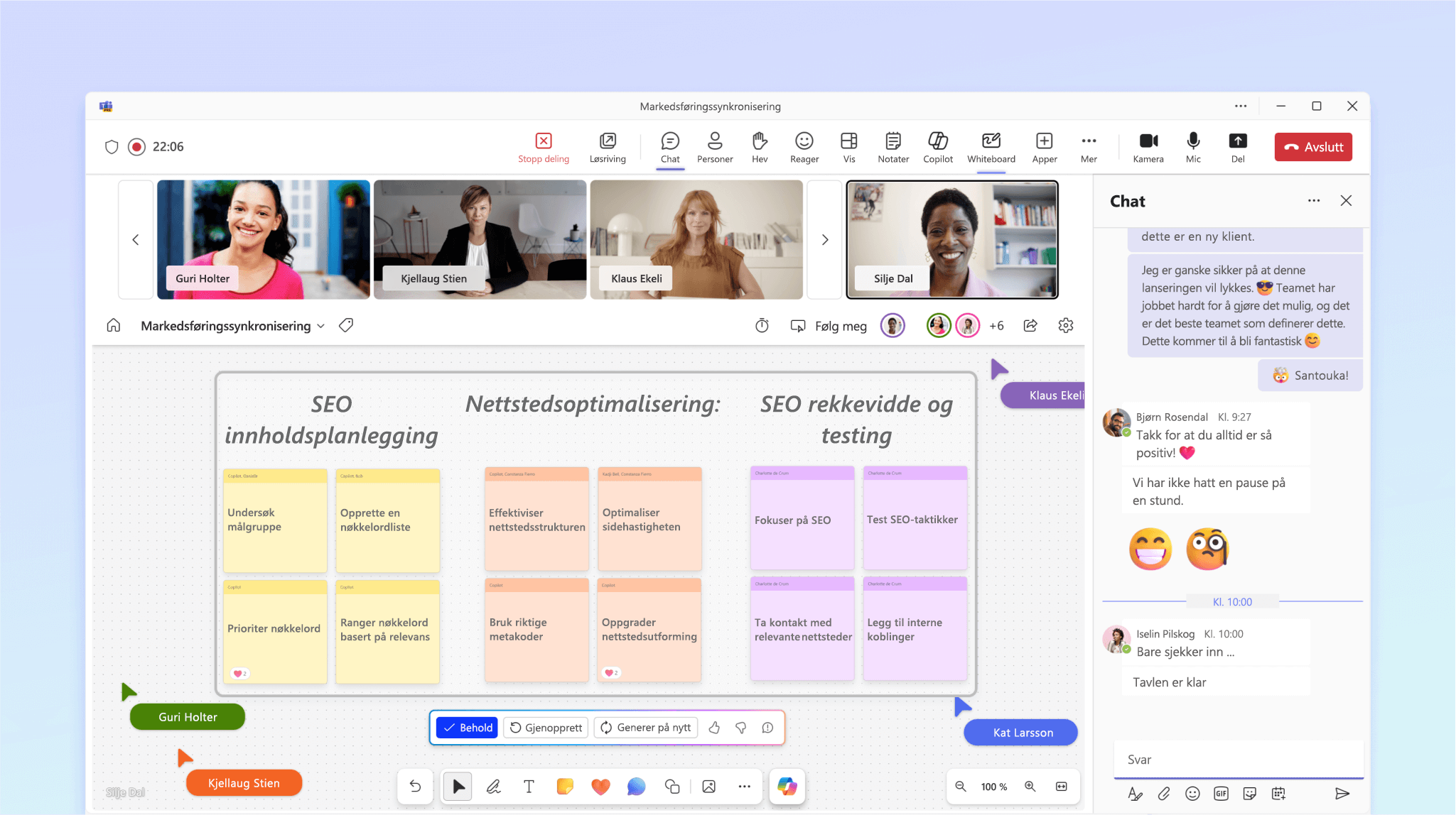 Skjermbilde som viser Copilot i Whiteboard som organiserer ideene som ble diskutert i møtet.