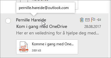 Et skjermbilde av markøren som holdes over et avsendernavn