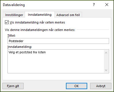 Alternativet Inndatamelding for datavalidering