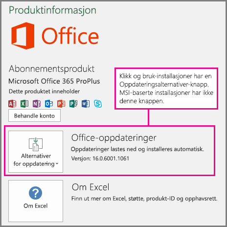 Klikk og bruk-installasjoner har knappen Oppdateringsalternativer på kontosiden. MSI-baserte installasjoner har ikke denne knappen.