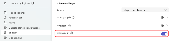 Bilde som viser enhetsinnstillingene i Microsoft Teams for å aktivere grønnskjerm