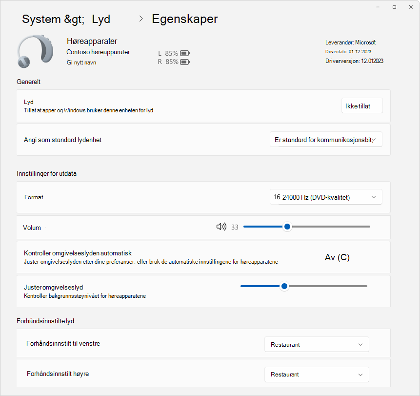 Skjermbilde av Innstillinger > System > Lyd > Egenskaper som viser noen alternativer som er tilgjengelige for å konfigurere en høreapparatenhet.