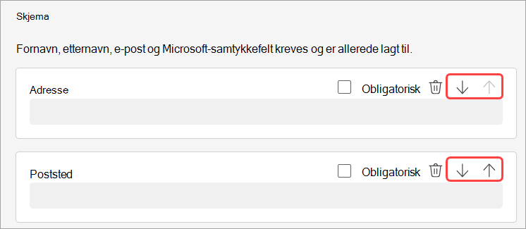 Skjermbilde som uthever hvordan du endrer rekkefølgen på registreringsspørsmål for et nettseminar.