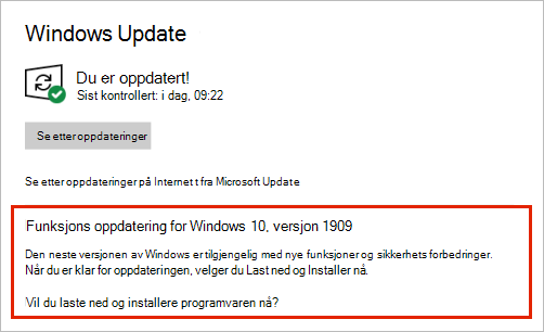 Windows Update som viser plassering av funksjonsoppdatering