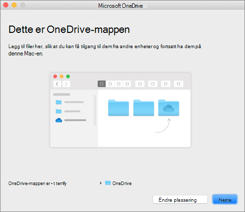 Skjermbilde av siden Dette er OneDrive-mappen din i veiviseren Velkommen til OneDrive på Mac