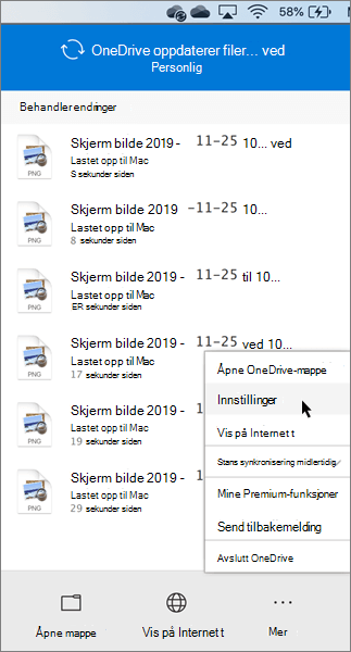 Skjermbilde av personlige innstillinger som angis for OneDrive