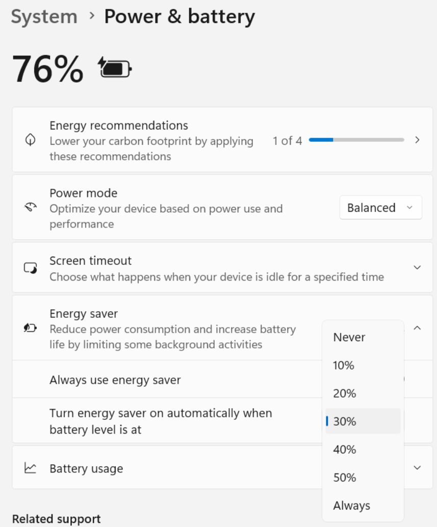 Skjermbilde av innstillinger > system > strøm og batteri > energisparing