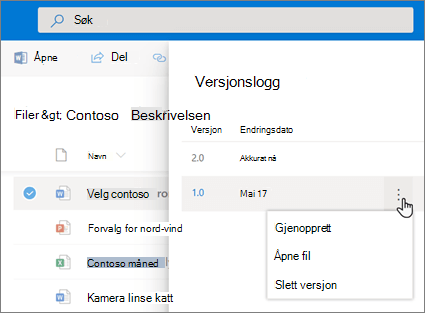 Skjermbilde av gjenoppretting av en fil i OneDrive for Business fra versjonsloggen i detaljruten i den moderne opplevelsen