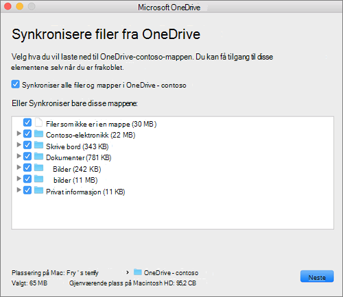 Skjermbilde av konfigurasjonsmenyen for OneDrive for å velge hvilke mapper eller filer som skal synkroniseres.