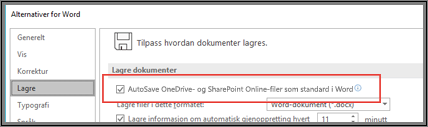 Dialogboksen Fil > Alternativer > Lagre viser avmerkingsboksen for å aktivere eller deaktivere automatisk lagring