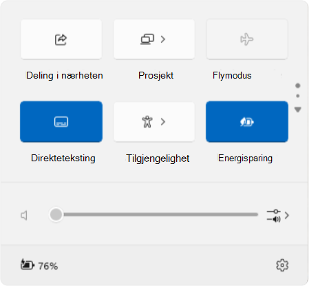 Skjermbilde av hurtiginnstillinger som viser direktetekst og rulleelementer.