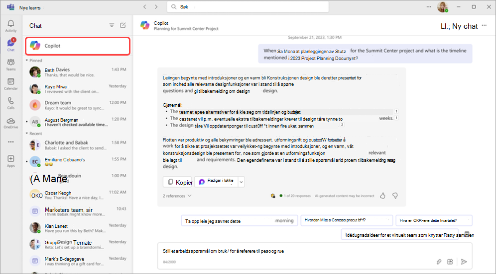 Skjermbilde som uthever Copilot-appen ovenfor chat i Microsoft Teams