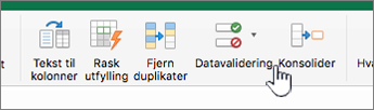 Datameny for Excel-verktøylinje der datavalidering er valgt