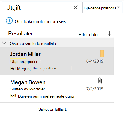 Bruke Søk til å finne e-post i Outlook