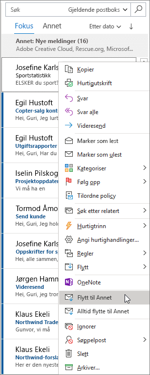 Innboks med fokus for Outlook