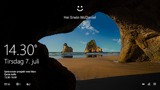 Startskjermen med Windows Hello-hilsen