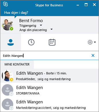 Skjermbilde av Skype for Business-vinduet med et aktivt søk etter en kontakt å legge til.