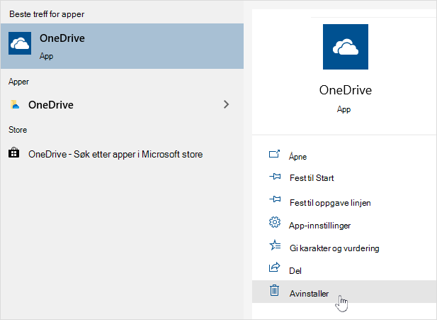 Avinstallere OneDrive Store-appen