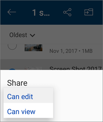 Skjermbilde av endring av tillatelsen under deling i OneDrive-appen for Android