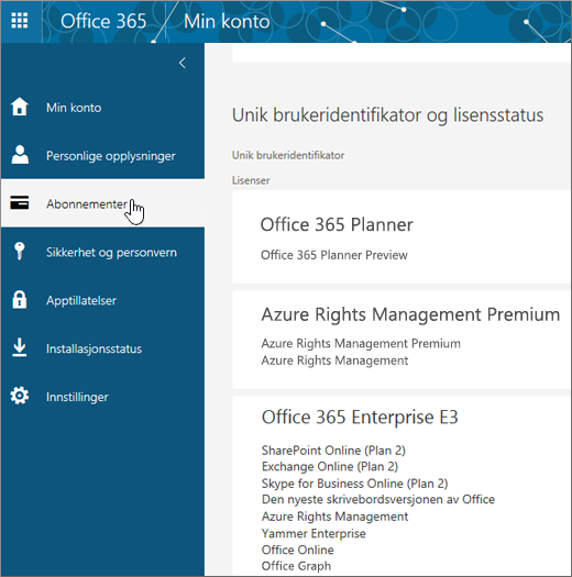 Siden for Office 365-abonnementer