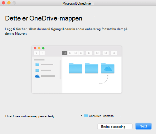 Skjermbilde av siden Dette er OneDrive-mappen din etter at du har valgt en mappe i veiviseren Velkommen til OneDrive på Mac