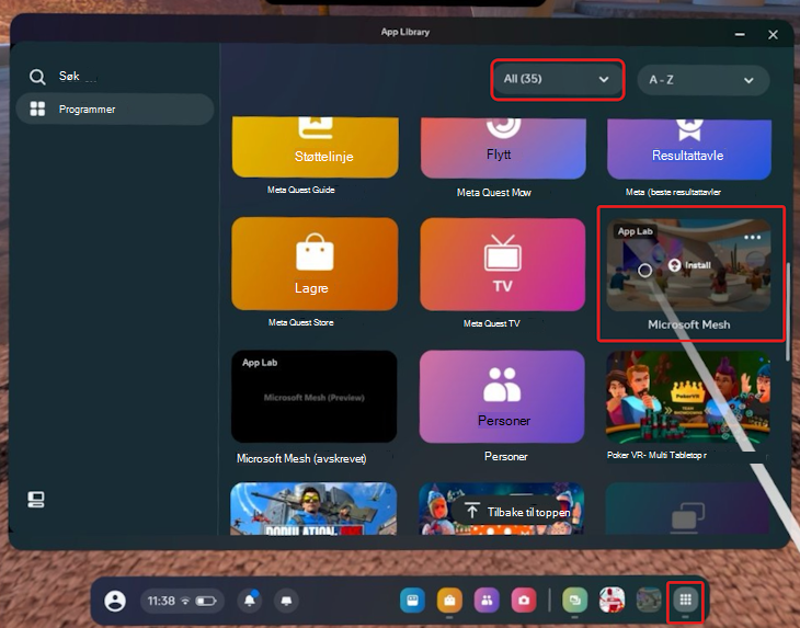 Finn Mesh-appen du kan laste ned fra Quest App Library