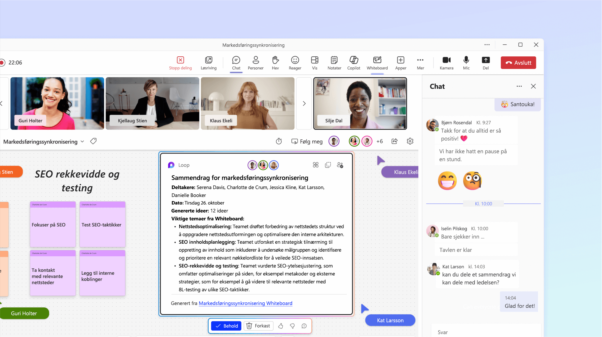 Skjermbilde som viser Copilot i Whiteboard som oppsummerer diskusjonen i møtet.