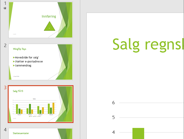 Viser lysbilderuten med det tredje lysbildet valgt i PowerPoint