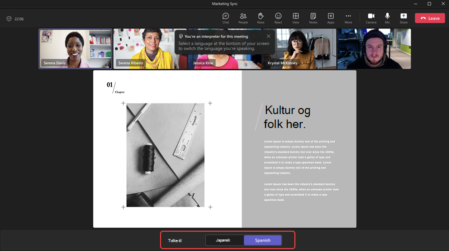 En videokonferanseskjerm viser fire deltakere, med et tolkalternativ og tekst om kultur og personer.