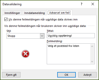 Feilmeldingsalternativer for rullegardinliste for datavalidering