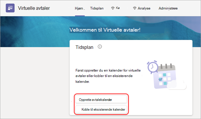 Skjermbilde av kalenderalternativer for virtuelle avtaler på Hjem-fanen