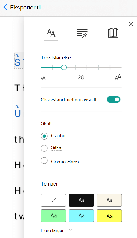 Dialogboksen tekstinnstillinger i Engasjerende leser i Microsoft Lens for iOS.