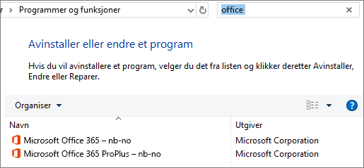 Viser to kopier av Office som er installert, i Kontrollpanel