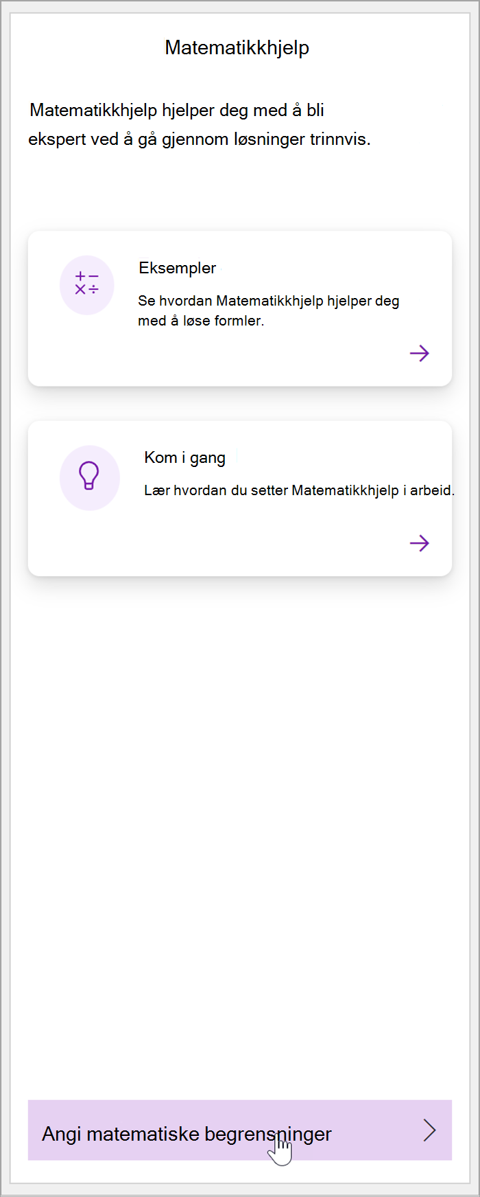 skjermbilde av matematikkruten i OneNote. En markør holdes over «Angi matematiske begrensninger»-knappen