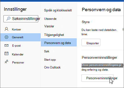 Innstillinger for generell personvern- og datameny