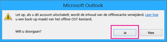 Wanneer u uw gmail-account uit Outlook verwijdert, klikt u op Ja in de waarschuwing over het verwijderen van uw offlinecache.