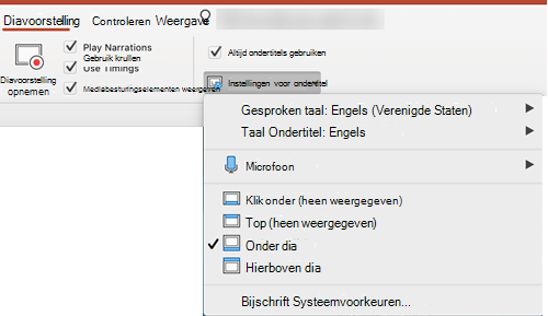 Instellingen voor bijschriften en ondertitels bevinden zich op het tabblad Diavoorstelling in PowerPoint.