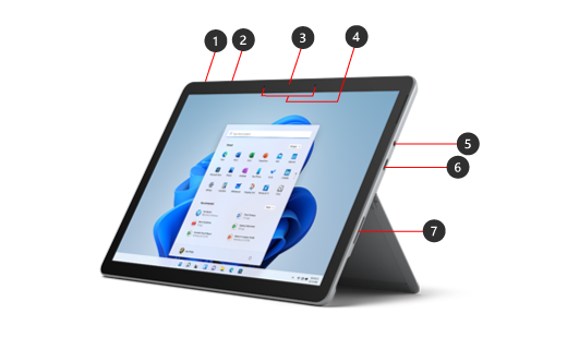 Een Surface Go 3 met de geïdentificeerde hardwarefuncties.