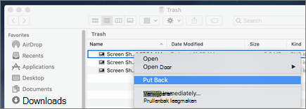 Klik met de rechtermuisknop op het menu om een bestand terug te halen uit de Prullenbak op een Mac