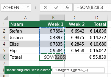 Cel B6 bevat de SOM-formule die is gemaakt met AutoSom: =SOM(B2:B5)