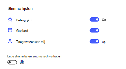 Schermafbeelding van slimme lijsten in instellingen waarbij de optie belangrijk, gepland en toegewezen aan mij is ingeschakeld en het automatisch verbergen van lege slimme lijsten is uitgeschakeld.