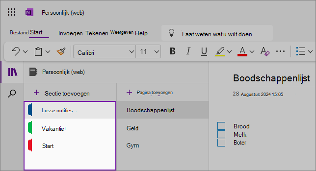 Weergave van de OneNote-webinterface met het inhoudsgebied