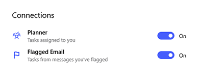 Schermafbeelding van verbindingen in instellingen met ingeschakelde E-mail van planner en gemarkeerde E-mail