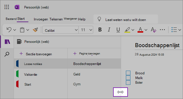 Schermopnamen die laten zien hoe je de grootte van oneNote-navigatiedeelvensters kunt wijzigen